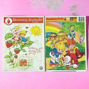 Vintage 80s Kids Tray Puzzle 12 Pcs Lot of 2 Strawberry Shortcake Rainbow Brite